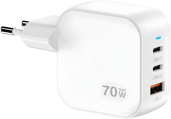 70W Hızlı Şarj Adaptörü, 3 Port (2x USB-C + USB-A), Akıllı Çip Korumalı, Macbook Uyumlu