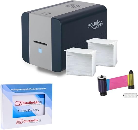 Easy Badges Solid 210 ID Badge Printer | Beginner Software & Everything You Need to Design and Print 200 ID Cards | One Sided Employee & Student ID Card Printer