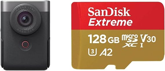 4K Video Compatible microSD SetCanon Vlog Camera PowerShot V10 Silver PSV10SL + SanDisk microSD 128GB UHS-I U3 V30, Write Up to 90MB/s Full HD & 4K SanDisk Extreme SDSQXAA-128G-GH3MA New Packaging