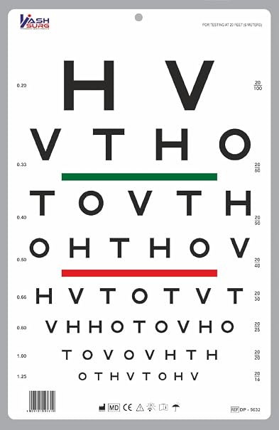 HOTV Optotype Eye Chart with Red/Green Bar Visual Acuity Test 6m/20ft Vitamin D Deficiency Screening Chart 30x46cm