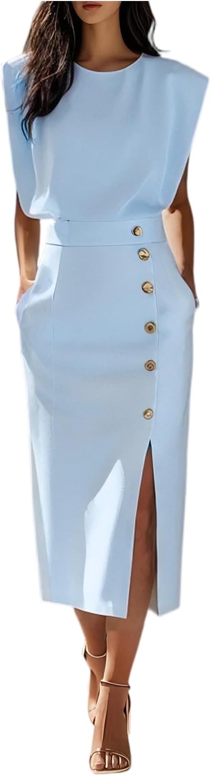 FUPODD Etuikleid Damen Elegant Für Hochzeit Lang Cocktailkleid Business Kleid Hochzeitsgast Midi Mit Schlitz Abendkleid Festliche Kleider Knöpfe Midikleid Frauen Mit Taschen Sommerkleid Elegante