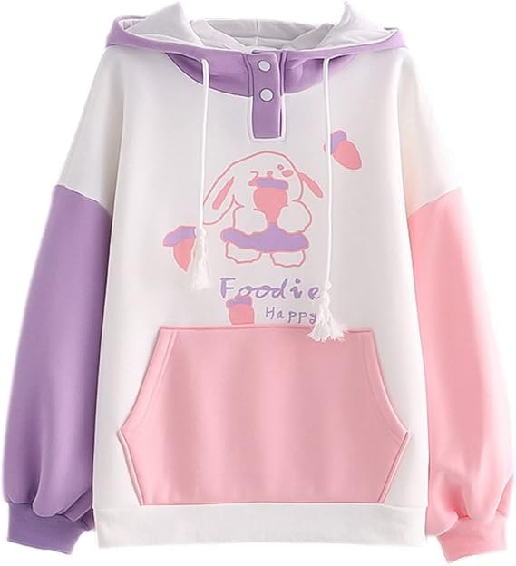 Cute Bunny Hoodie Teen Girls Kawaii Cotton Japanese Cartoon Graphic Hoodies Printed Pullover Tops
