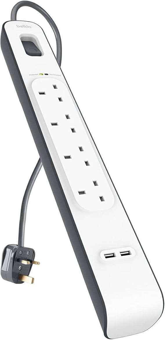 Belkin Extension Lead with USB Slots x 2 (2.4 A Shared), 4 Way/4 Plug Extension, 2m Surge Protected Power Strip - White