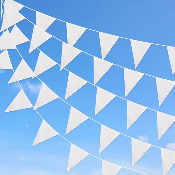 Solid White Bunting Reusable Nylon Fabric Waterproof Outdoor Mother's Day Party Decorations 66ft Bunting with 52 White Flags