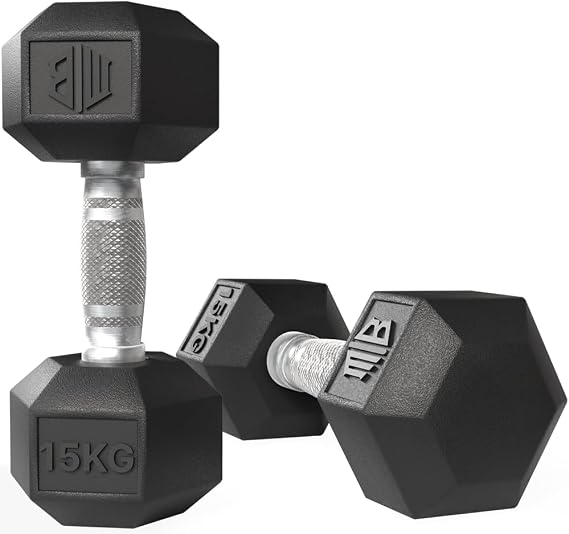 ManiBoom Professional Ergonomic and Non-Slip Rubber Hex Dumbbells with Chrome Bar – Dumbbells and Dumbbells Various Kilos 10 kg 15 kg 20 kg 25 kg 30 kg – Exercise Set