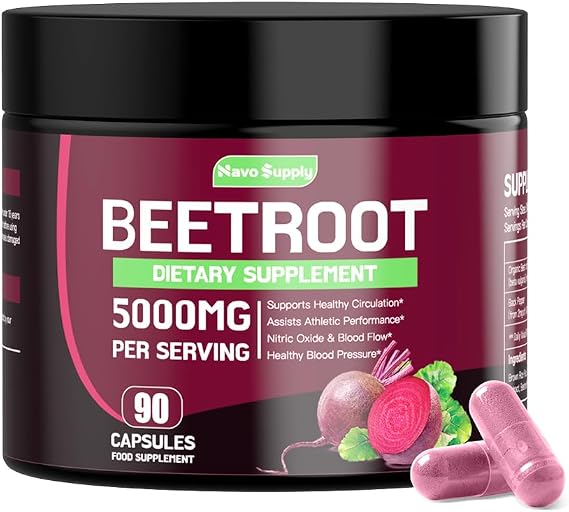 Beetroot Capsules 5000mg High Strength Formula, 90 Vegan Capsules | Natural Nitric Oxide Booster, Enriched with Black Pepper for Enhanced Absorption​