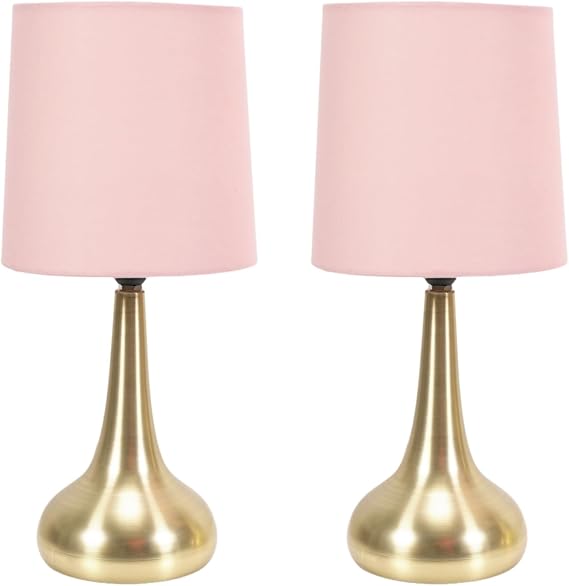 ValueLights | Brushed Gold Teardrop Touch Dimmer Table Lamps with Blush Pink Shade | Home Décor, Bedside & Desk Lamp | Includes Bulb [Energy Class F]