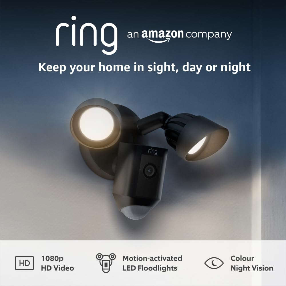 Ring Floodlight Cam Wired Plus | Outdoor Security Camera 1080p HD Video, LED Floodlights, Siren, Wifi, Hardwired | alternative to CCTV system | 30-day free trial of Ring Subscription | Black
