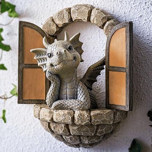 Courtyard Dragon Sculpture Wall Decoration, Weatherproof Resin Statue Miniatures, Lovely Resin Garden Dragon Statue Art Figurines Decor Ornaments for Patio Yard (Style A)