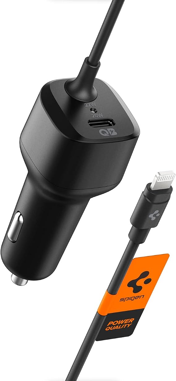 Spigen 47W USB-C 2 Port Araç içi Hızlı Şarj Aleti + Lightning Şarj Kablosu Güç Adaptörü Çakmaklık iPhone & iPad Type-C - ACP04205