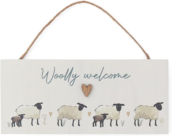 Cooksmart Highland Sheep Rectangular Plaque | British Designed Hanging Decoration | Rustic Sheep & Nature Print | MDF with Twine Rope | Farmhouse-Style Home Décor | Decorative Indoor Sign