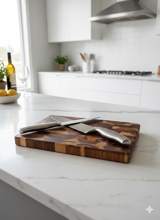 Akasya End-Grain Kesme Tahtası 20x30 cm - Pratik El Altı Boyutu, Bıçak Dostu Profesyonel Mutfak ve Sunum Bloğu, Kolay Taşıma Oyuk Saplı