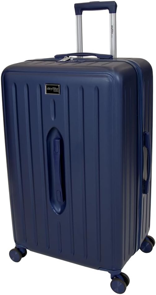 SKYFLITE 67cm Large Trunk Suitcase, Hard Shell ABS Luggage with TSA Lock, 8 Wheels, 63L Capacity, Silver/Charcoal/Navy (Navy)