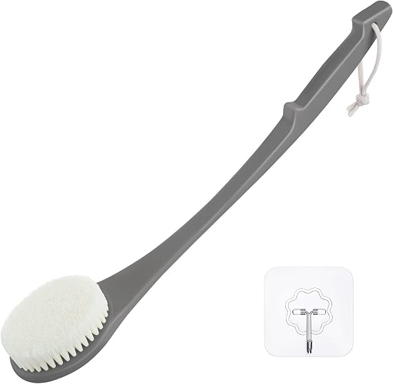 Body Brush Back Scrubber, 17 in Never Mold Back Brush Long Handle for Shower, Exfoliating Brush Dry Brushing Body Brush for Men Women Elderly Deep Exfoliation Soft Glowing Skin (Grey)