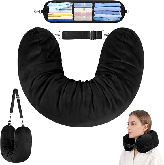 Multifunctional Stuffable Travel Pillow, Travel Pillow Stuffable with Clothes, Soft Stuffable Neck Pillow, Fillable for Extra Luggage with Adjustable Straps, for Airplane Camping Train, Black
