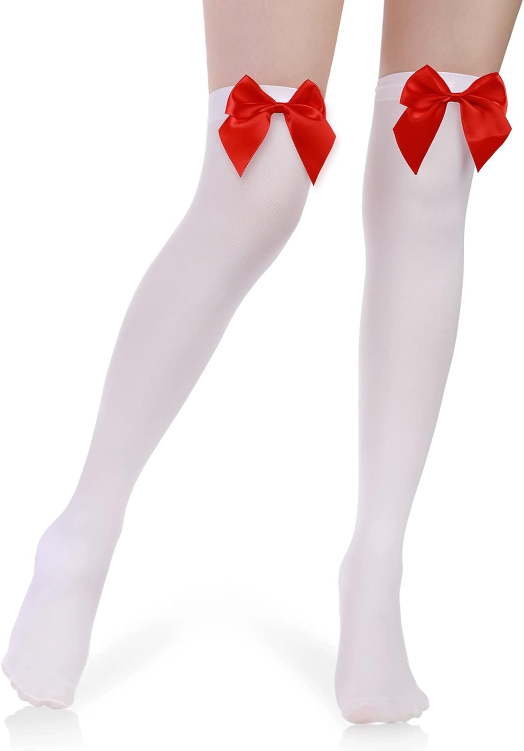 Geyoga White Thigh High Socks Knee High Socks with Bows Opaque over Knee White Stockings for Women Xmas Halloween Valentine Favors