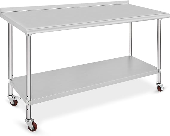 Kitchen Table Work Table Stainless Steel Commercial Kitchen Work Table with Shelf Back Panel on Wheels for Restaurant Home Hotel 152 x 60 x 89 cm