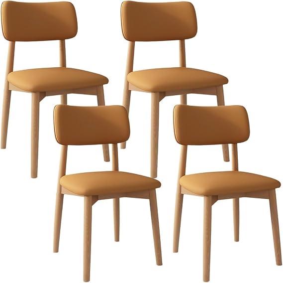 YVYKFZD Solid Wood Dining Chairs, Kitchen Chairs Set with Curved Backrest, Leather Upholstered Dining Room Chair, Armless Living Room Chair, for Bedroom Offices(Orange+Wood,4PCS)