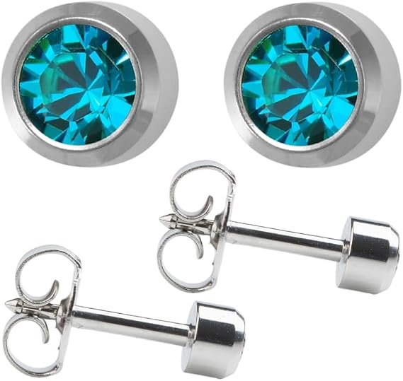 STUDEX December/Blue Zircon Regular 4mm Stainless Steel Bezel Setting Ear Piercing Stud Earrings Birthstone
