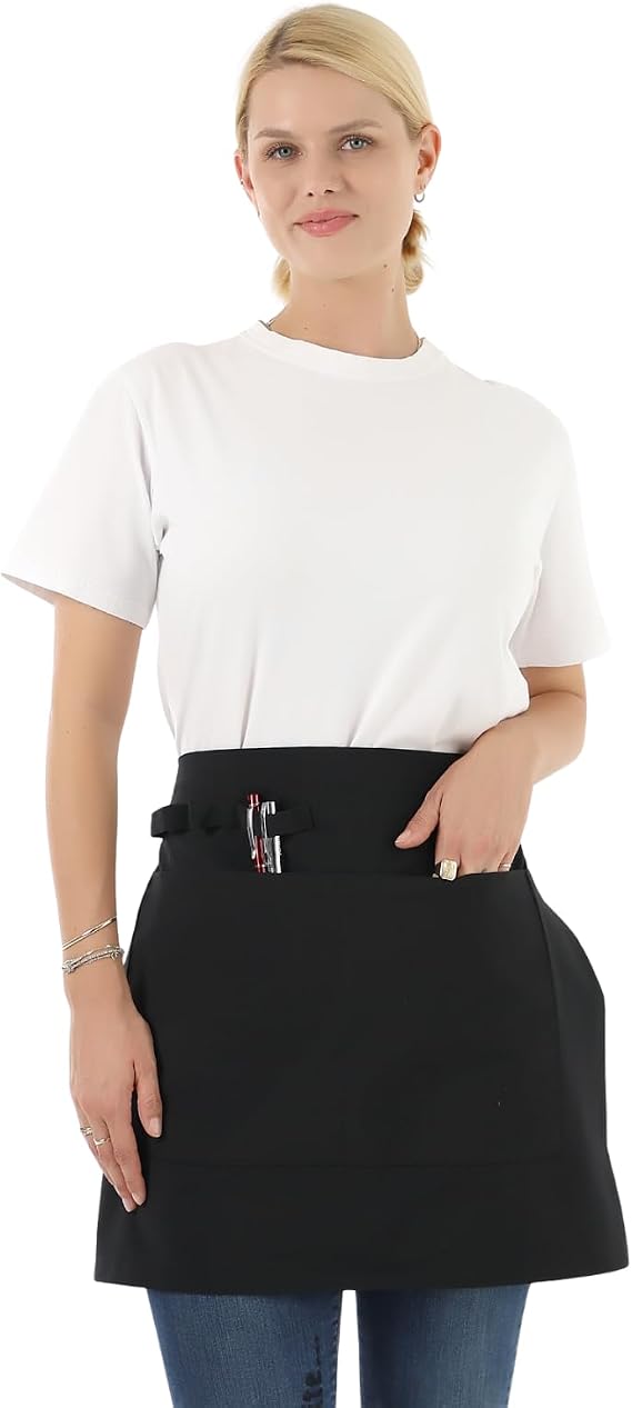 Belden Bağlamalı Kadın ve Erkekler için Siyah Garson/Barista/Kuaförler için Yarım Önlük Apron– 2 Cep, Ayarlanabilir Bel Askısı – Mutfak & Kafe Servis Önlüğü