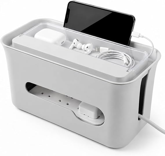 Cable Tidy Box, Extension Lead Box with Front Access Opening, Grey