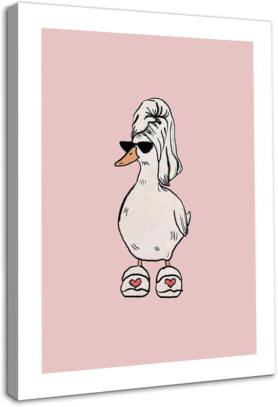 Dazzlewall Framed Funny Duck Wall Art, Pink Cool Sunglass Duck Wall Artwork Print Minimalist Goose Bathrobe Painting for Bathroom Bathtub Toilet Decor, 12x16 in