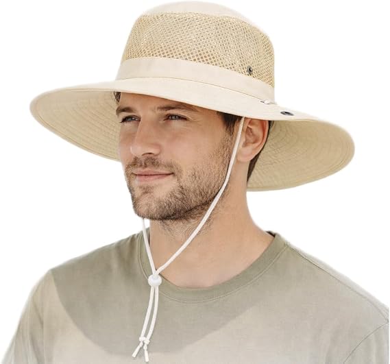 Erkek Outdoor Şapka, Krem Renk, Geniş Kenarlı, Mesh Detaylı, Ayarlanabilir Boyun İpi, Nefes Alabilir