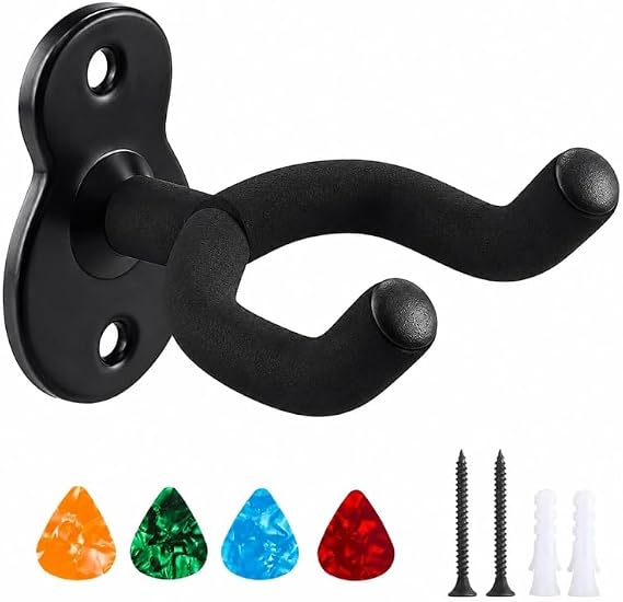 Guitar Wall Mount, Guitar Hanger for Acoustic Electric Guitar & Ukulele, Metal Guitar Hook Holder Wall Mount with Picks, Black