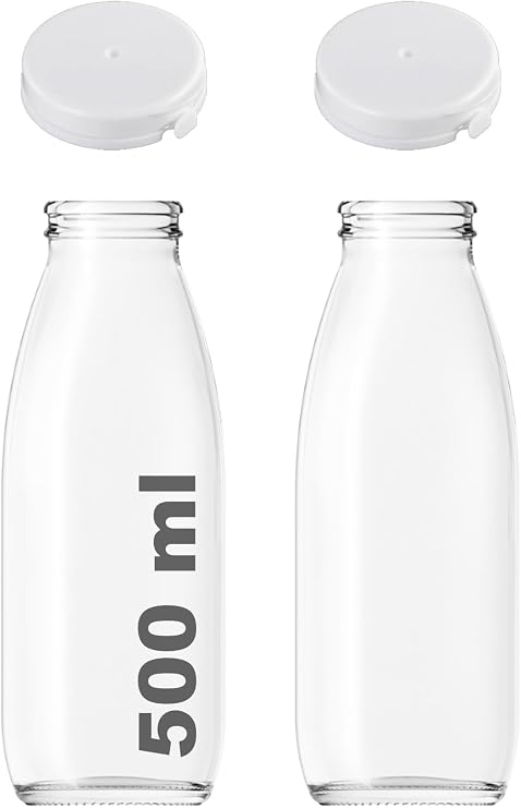 500 ml Şeffaf Sürahi Süt, Ayran, Su, Limonata, Meşrubat Şişesi 500 Cc Yırtmalı Kapaklı Cam Şişe 2 Adet (2, Beyaz Kilitli Kapak, 500)