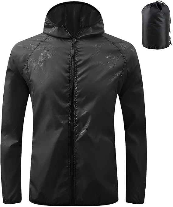 Men's Lightweight Waterproof Jacket Packable Hooded Rain Jacket Outdoor Sun Protection Windproof Raincoat for Cycling, Running, Hiking