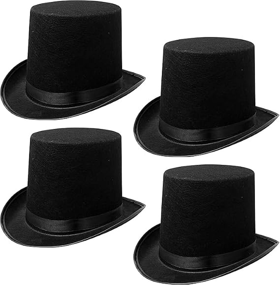 4 Pack Black Felt Top Hats, Fancy Dress Tall Top Hat for Adults