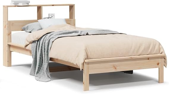 Bed Frame with Storage Shelf, Solid Wood Bed Frame Modern Style with Headboard & Slat Support, No Box Spring Needed (Small Single, 75x190 cm, Brown)