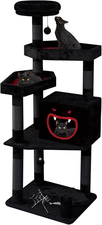 YARUOMY Gothic Cat Tree with Coffin Bed，160cm Black Cat Tower with Spacious Demon Styled Condo，Cozy Plush Perch, Scratching Posts，Hanging Ball，Multi-Level Activities Furniture for Large Cats