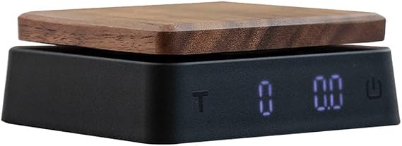 Digital Coffee Scale, Wooden, LED, 0.004 oz 0.1 g Units, 2.2 lbs 1 kg, Coffee, Timer Function, Compact, Kitchen Utensil, Black