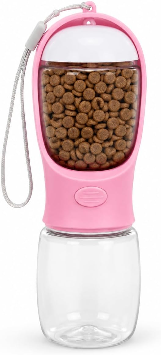 Mama Hazneli Köpek Suluğu - 350 ml Su ve 180 ml Mama Kapasiteli Taşınabilir Şişe - Kedi Köpek Seyahat Kabı - Kilitli Düğmeli Yürüyüş Aksesuarı (PEMBE)