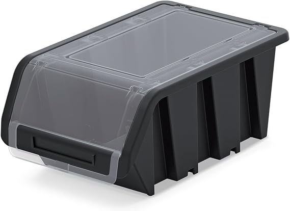 B2C Storage Bins Plastic Order Picking Parts Boxes Lid Scooped Front Stackable Wall Garage Workshop Tool Container (With lid, M - 195x120x90mm)