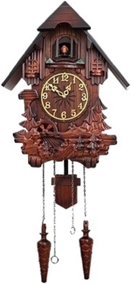 Solid Wood Hand‑Carved Cuckoo Wall Clock, Basswood Pendulum Music Clock, Vintage Wall Clock with Light‑Controlled Hourly Cuckoo(A)