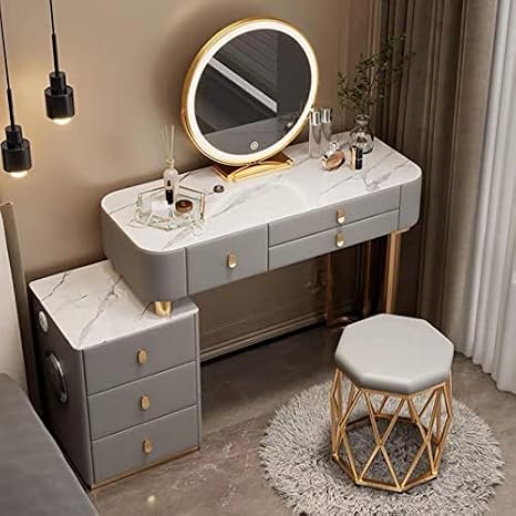 3 in 1 Dressing Table with Flip-top Mirror and Rolling Stool LED Lights Integrated Makeup，Modern Vanity Desk With LED Lighted Mirror 3 Color Lighting Modes 3 Drawers Storage & Charging Stati