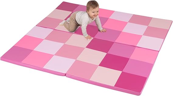 COSTWAY Toddler Play Mat, Foldable Patchwork Baby Floor Mats with Waterproof Surface, 3.5CM Extra Thick Foam Playmat for Playing Crawling (Pink)