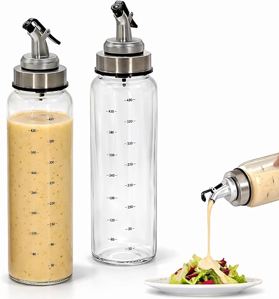 2-Pack Salad Dressing Shaker with lid - 500ml/17.6oz Borosilicate Glass Sauce Bottle, Leak-Proof Oils Vinegars & Salad Dressings Container, Condiment Bottle for marinades, Honey, Syrup - A