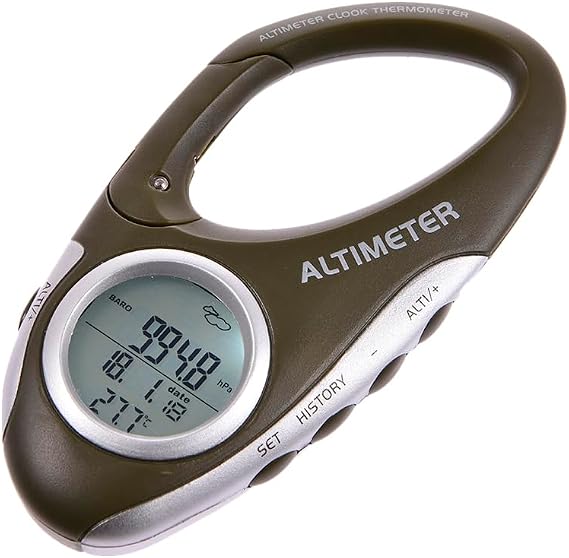 Digital Barometer Thermometer - Portable Multifunctional Altimeter With Thermometer, Compass And Carabiner Clip | Hiking Gear For Mountains Cliffs Camping Trekking Outdoor Adventure Travel Supplies