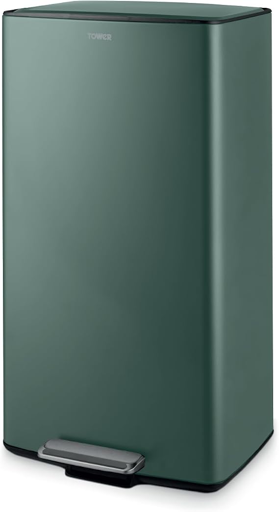 Tower 40L Rectangular Pedal Bin, Made from Strong & Durable Carbon Steel, Inner Bucket, Carbon Filter Compartment, Forest Green