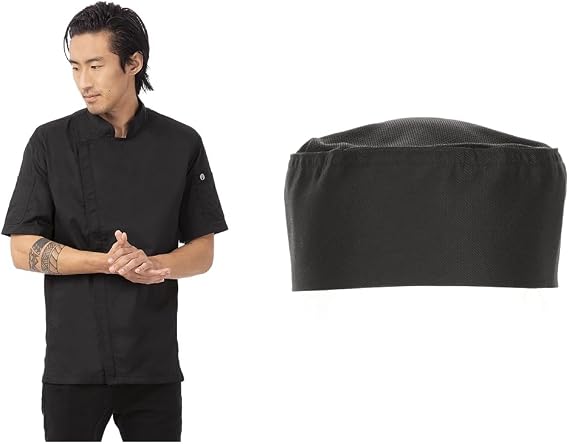 Chef Works Men's Bcsz009blkm Chef s Jacket, Black, M UK & A704 Cool Vent Beanie, Black
