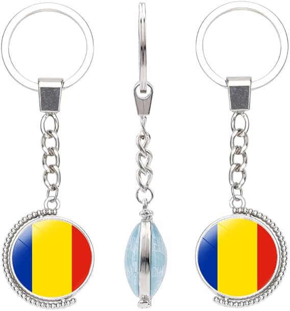 Flag Key Chain Ring,Double Sided Rotating Moon Symmetrical Beautiful Romania Flag Art Car Bag Wallet Ornaments Craft Accessory For Decoration Cabochon Pendant Hanging Gifts Buckle