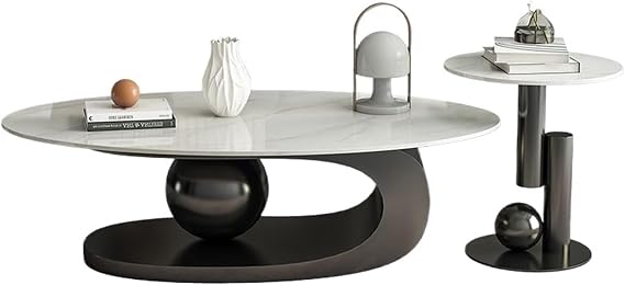 Modern Nesting Coffee Table Set of 2, Oval White Slate Top Cocktail Table with Abstract Metal Base, Minimalist Stone Center Table for Living Room, Small Apartment & Office, Scratch-Resistant(Black)