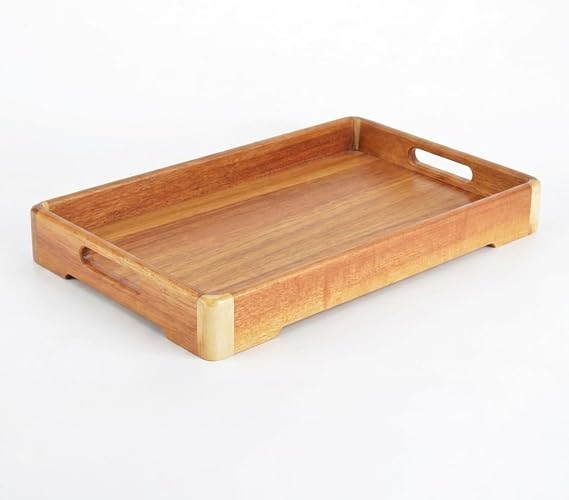 Deconox Büyük Boy Akasya Ahşap Sunum Tepsisi (40x28 cm) - Doğal Ahşap Çay, Kahve ve Kahvaltı Tepsisi, Kulplu Tasarım