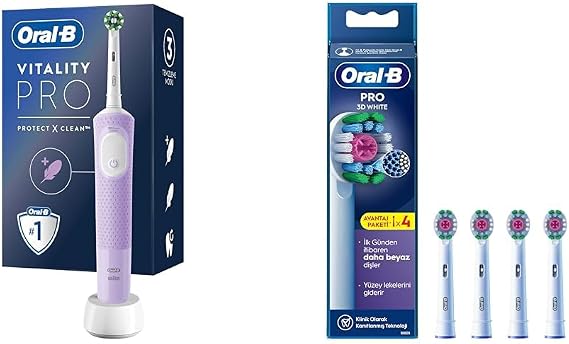 Oral-B Şarjlı/Elektrikli Diş Fırçası Vitality Pro Lila Koruma ve Temizlik + Oral-B 3D White X-Filament Şarjlı Diş Fırçası Yedek Başlığı 4 Adet