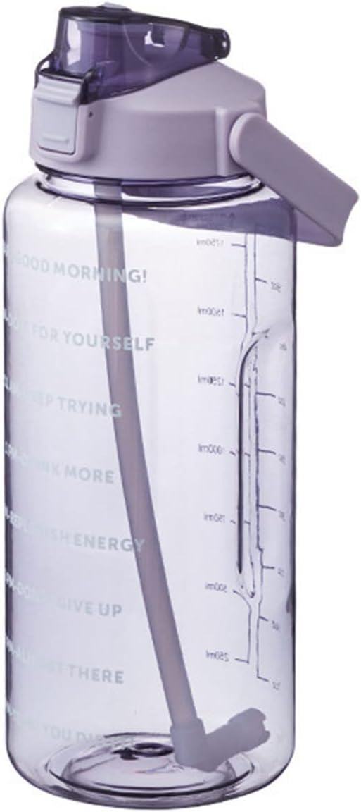 Singular-Point Clear Water Bottle 2000ML Sports Fitness Bottle with Straw, Time Scale and Capacity