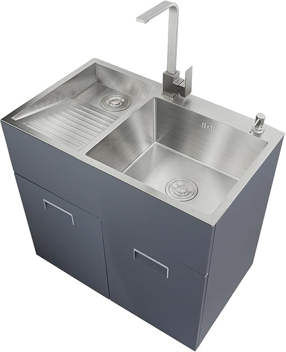 Utility Sink with Vanity Cabinet, Stainless Steel Laundry Sink Wash Basin with Washboard, Laundry Pool for Laundry Room (80x48cm/31.4x18.8in,Left Washboard)
