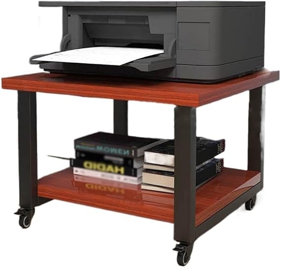 Mobile Printer Cart Printer Rack Mobile Floor Office Shelf Under Double Storage Table Copier Audio Storage Rack with Niversal Wheel for Desk, Office, Home(Brown)